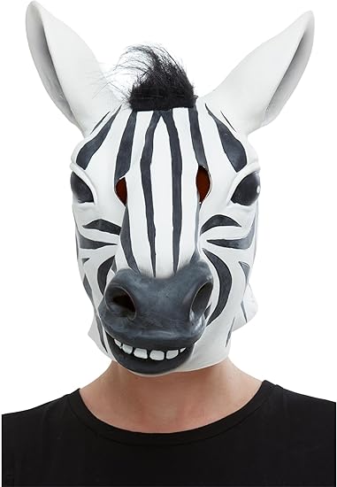 Máscara de látex de cebra, Negro y blanco, cara completa, careta zebra, careta eventos, careta fiesta