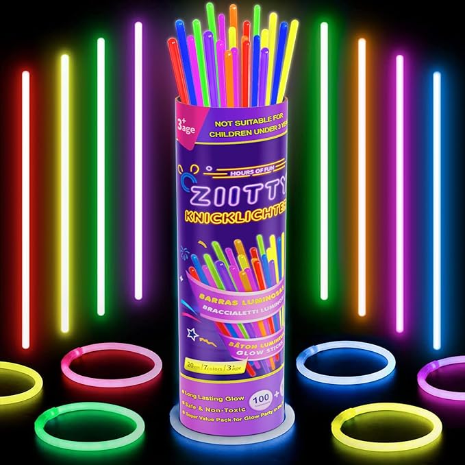 Barras Luminosas, 100 Pulseras Fluorescentes y 100 Conectores, Neon Kits para Crear Collares para Niños Adultos, Boda Cumpleaños Decoracion Fiesta Cotillon Nochevieja Navidad 2025